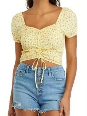 Vanilla Star Women's Cropped Puff Sleeve Top Spring Yellow Floral- MEDIUM- NEW